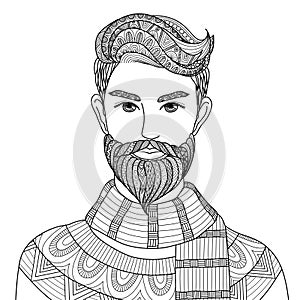 Zen doodle design of a hipster man for adult coloring