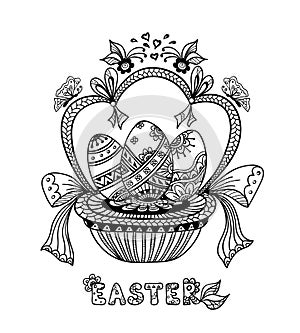 Zen-doodle Easter Eggs in basket black on white