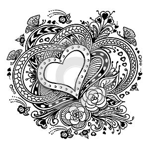 Zen-doodle Heart frame with flowers butterflies black on white