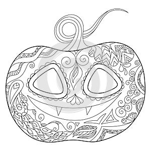 Zen doodle pumpkin. Halloween boho zentangle inspired line art illustration