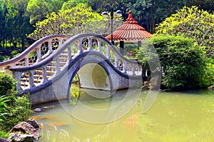Zen garden with arch shape bridge