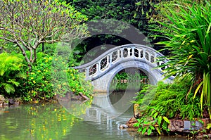 Zen garden with arch shape bridge photo