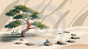 Zen Garden with Bodhi Tree Symbolizing Buddhist Principles