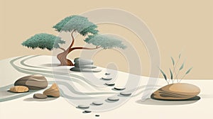 Zen Garden with Bodhi Tree Symbolizing Buddhist Principles