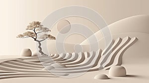 Zen Garden with Bodhi Tree Symbolizing Buddhist Principles