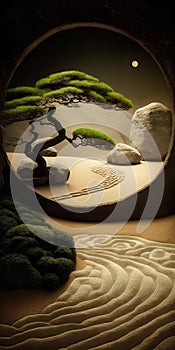 zen garden with bonsai tree in the middle of the sand