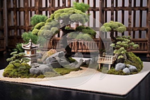 zen garden with bonsai tree and stone pathway