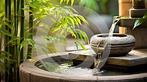 A zen garden with a calming bamboo water fountain