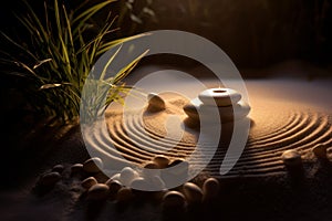 Zen garden with candle and stones at sunset