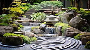 A zen garden with carefully arranged stones and flowing water