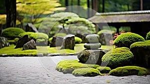 A zen garden with carefully arranged stones and moss