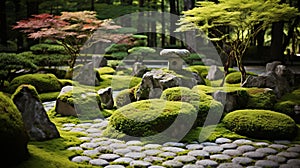 A zen garden with carefully arranged stones and moss