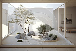 Zen Garden Design with Natural Open Plan Interior Design and Simple Scandinavian Eucalyptus Light