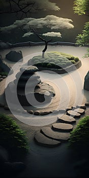 zen garden in japan with tree and stones,3d render