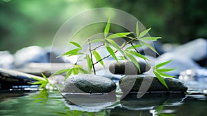 Zen garden with massage basalt stones and bamboo. Spa background