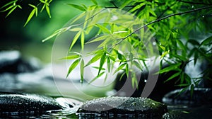 Zen garden with massage basalt stones and bamboo. Spa background