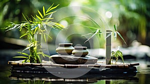 Zen garden with massage basalt stones and bamboo. Spa background