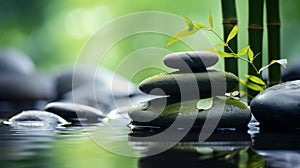 Zen garden with massage basalt stones and bamboo. Spa background