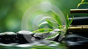 Zen garden with massage basalt stones and bamboo. Spa background