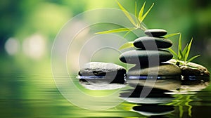 Zen garden with massage basalt stones and bamboo. Spa background