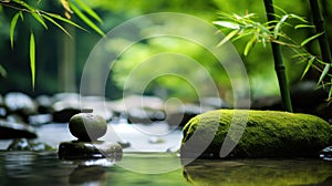 Zen garden with massage basalt stones and bamboo. Spa background