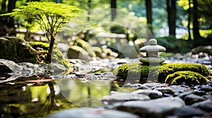 Zen garden with massage basalt stones and bamboo. Spa background