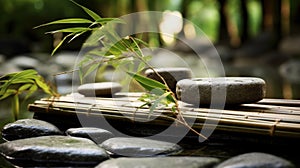 Zen garden with massage basalt stones and bamboo. Spa background