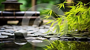 Zen garden with massage basalt stones and bamboo. Spa background