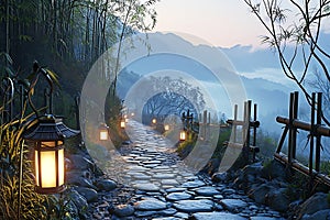 Zen Garden Path at Dusk with Lantern Light