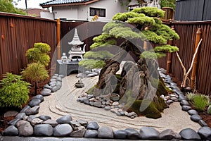 zen garden with pruned bonsai tree in the center