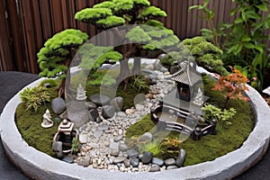 zen garden with pruned bonsai tree in the center