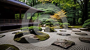 Zen garden with raked sand, stones, and greenery