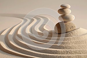 Zen garden with sand and stacked stones - AI Generated