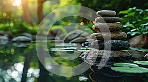 Zen Garden with Stacked Stones in a Pond