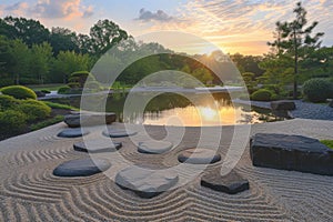 Zen Garden Stepping Stones over Tranquil Pond. Resplendent.