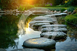 Zen Garden Stepping Stones over Tranquil Pond. Resplendent.