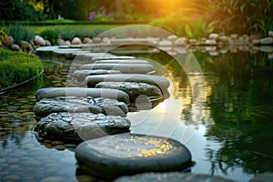 Zen Garden Stepping Stones over Tranquil Pond. Resplendent.