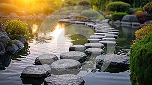 Zen Garden Stepping Stones over Tranquil Pond. Resplendent.