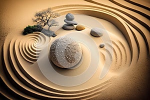 Zen garden with stone and tree in the desert. 3d render