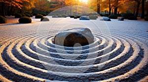 Zen Garden at Sunrise with Raked Sand and Stone