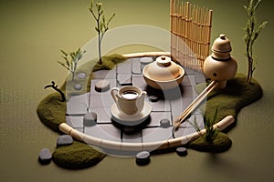 zen garden with tea set and bamboo whisk