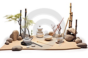 zen garden with tea set and bamboo whisk