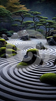 Zen garden, where sand, rocks, and trees come together in perfect harmony, a concept that embodies serenity and relaxation.
