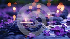 Zen Garden with White and Black Stones, Purple Petals, and Candles