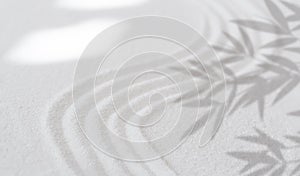 Zen Garden white sand surface with leaf shadow on circles,Sand texture with bamboo leaves shadow on spiritual pattern in Japanese