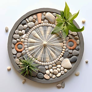 Zen Garden Yin-Yang Mandala with stones, sand and botanical
