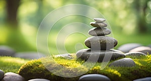 Zen harmony, balance, meditation concept. Pyramid of stones on the green grass.