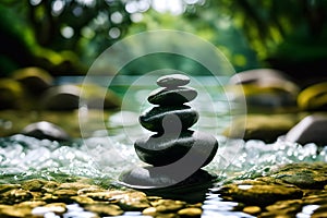 Zen harmony, balance, meditation concept. Pyramid of stones in the water