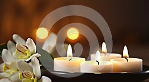 Zen Harmony with Burning Candles and White Orchid. Generative AI