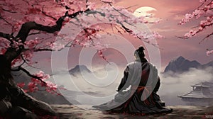 Zen Harmony: Samurai Meditating Amidst Falling Cherry Blossoms